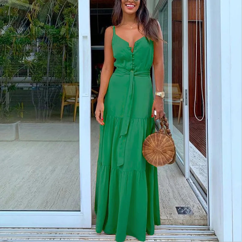 Vestido Feminino Decote V – Sem Mangas, Botões Únicos