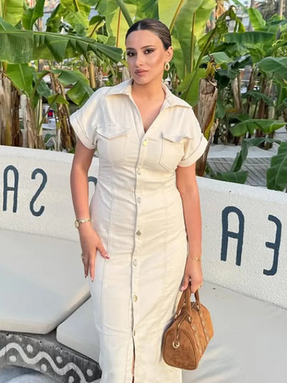 Off-White Denim Midi Dress – Front Buttons & Casual Elegance