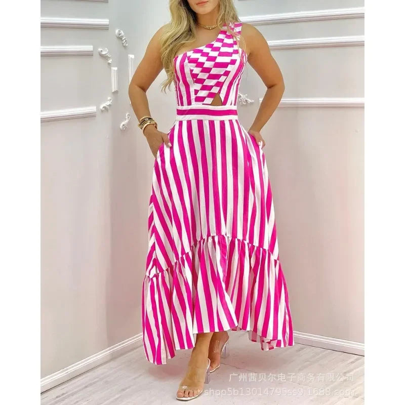 Vestido Listras & Recortes – Elegância Leve para Primavera e Verão