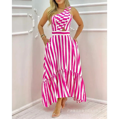 Vestido Listras & Recortes – Elegância Leve para Primavera e Verão