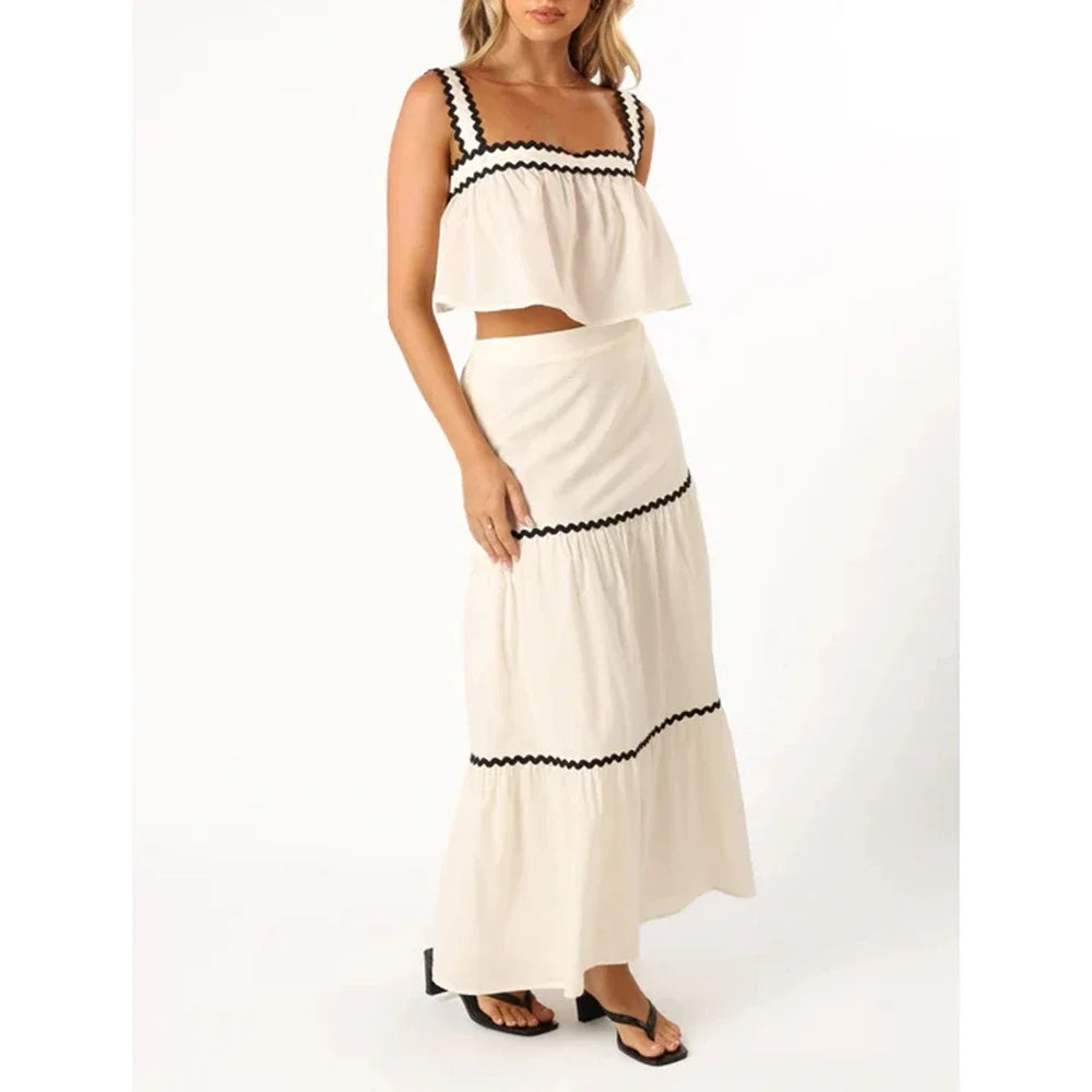 Conjunto Feminino 2 Peças – Regata Sem Mangas & Saia Longa Elástica