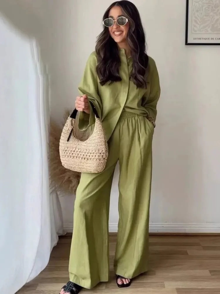 Conjunto Feminino 2 Peças Cor Sólida – Camisa Single-Breasted Solta + Calça Wide-Leg Cintura Elástica