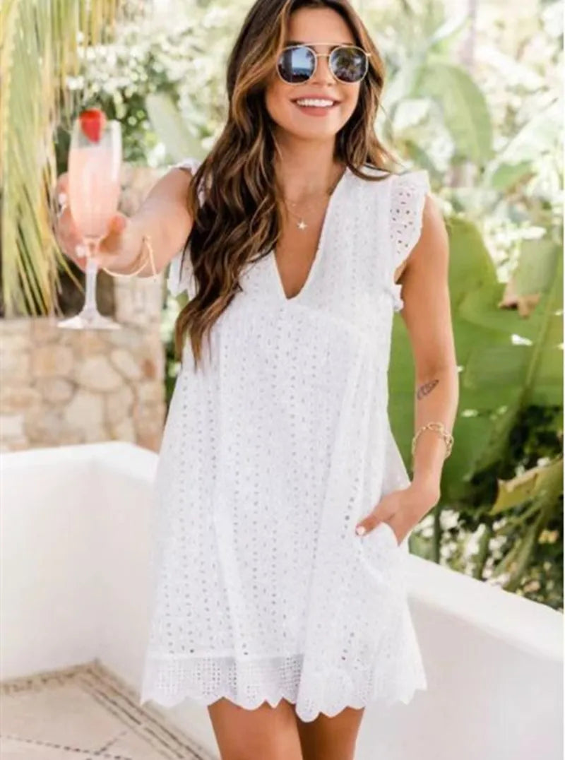 Vestido Midi em Jacquard com Detalhes Vazados e Bolsos