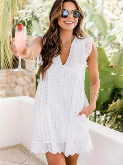 Vestido Midi em Jacquard com Detalhes Vazados e Bolsos