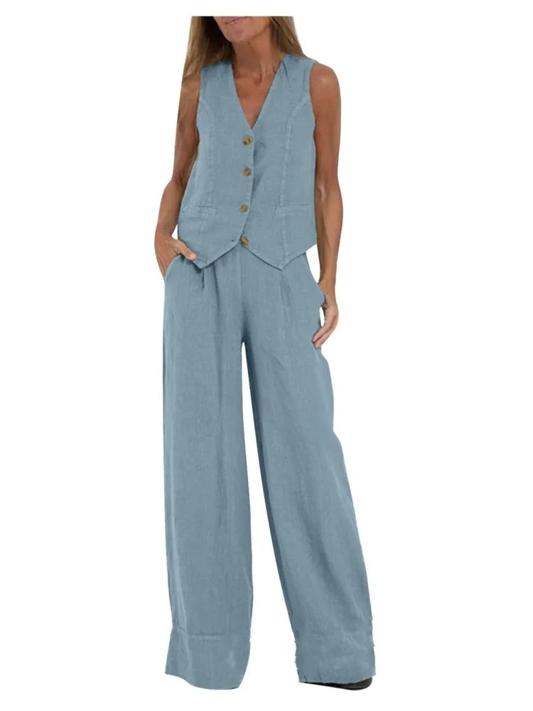 Conjunto Feminino Primavera/Verão 2024 – Colete (Vest) + Calça Wide-Leg