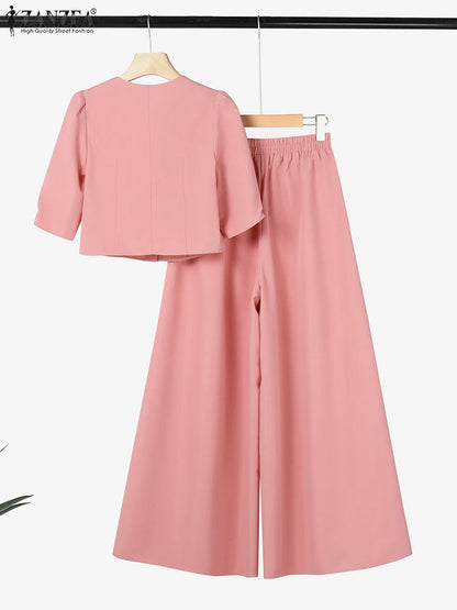 ZANZEA Women's Set – Crop Top & Wide Leg Pants