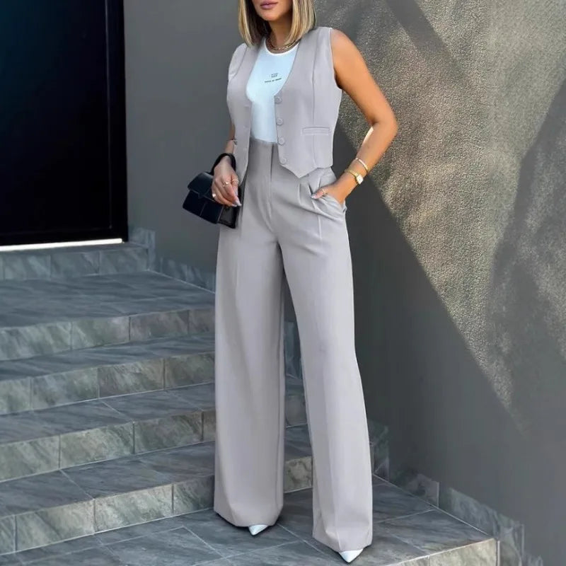 Conjunto Feminino 2 Peças – Colete & Calça Wide Leg
