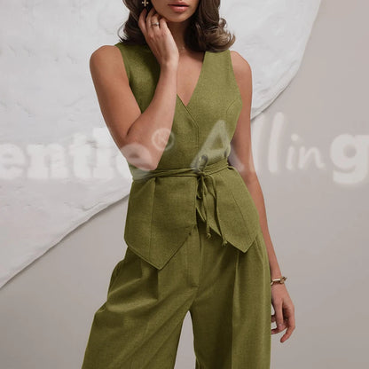 Conjunto Feminino Linho Sólido – Colete + Calça Wide-Leg