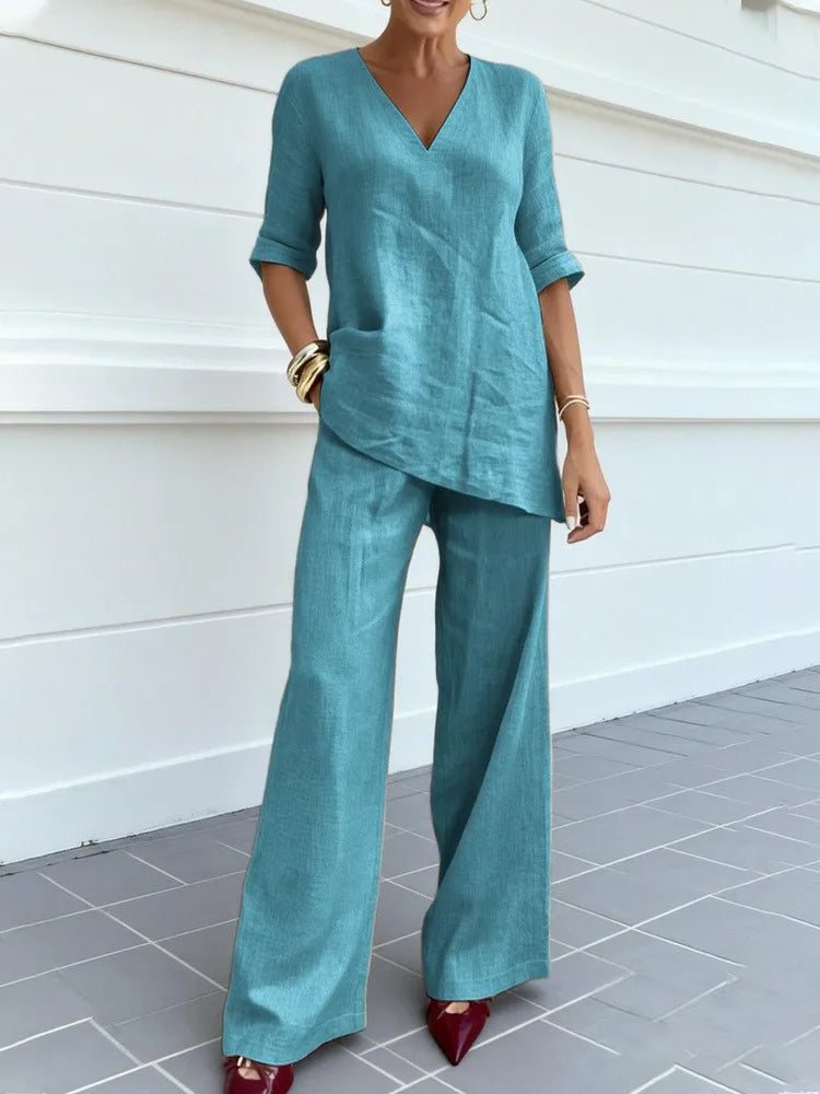 Conjunto Algodão & Linho – Blusa Decote V & Calça Reta