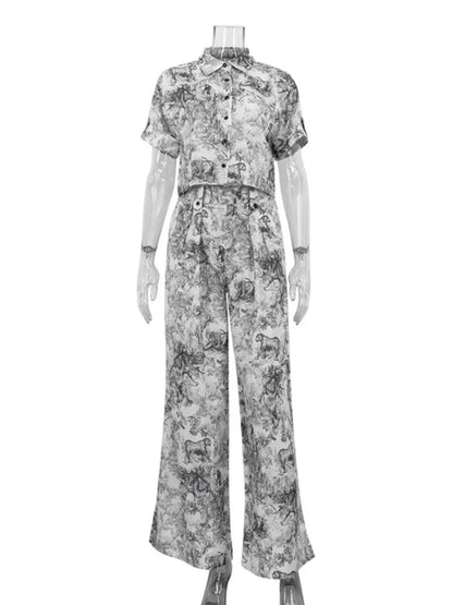 Conjunto Feminino Vintage 2025 – Camisa Polo Manga Curta + Calça Wide-Leg Estampada