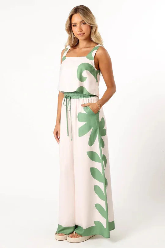 Conjunto Feminino de Verão – Colete Sem Manga & Calça Wide Leg Estampada