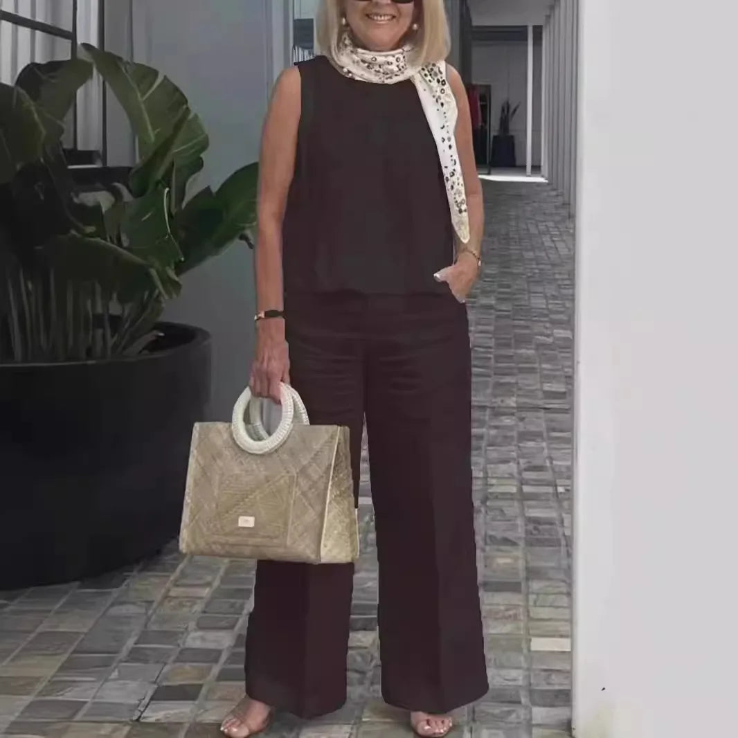 Conjunto Feminino Linho Sólido – Blusa Regata + Calça Wide-Leg