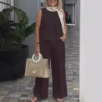 Conjunto Feminino Linho Sólido – Blusa Regata + Calça Wide-Leg