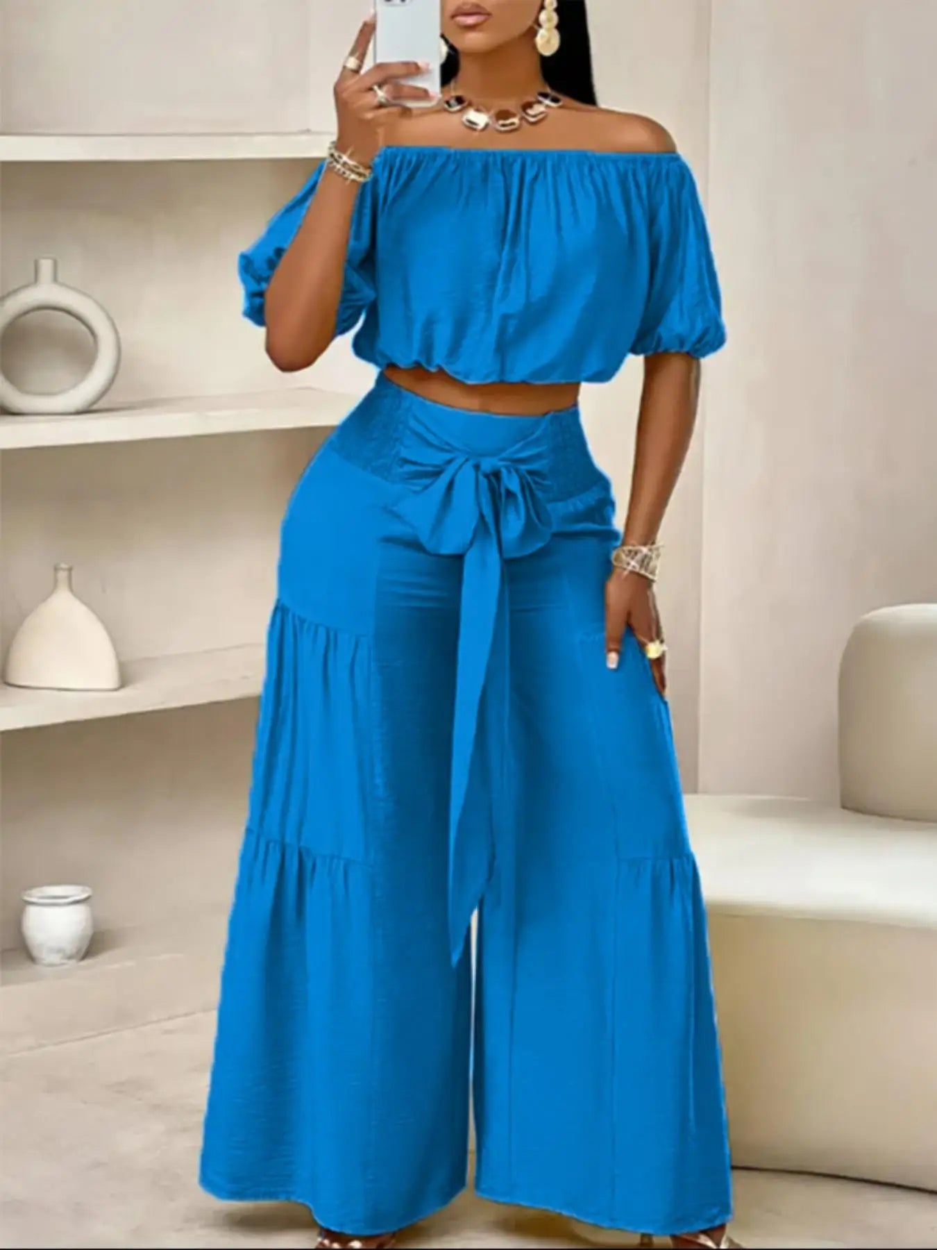 Women's Casual Set – Top & High-Waisted Wide Leg Pants