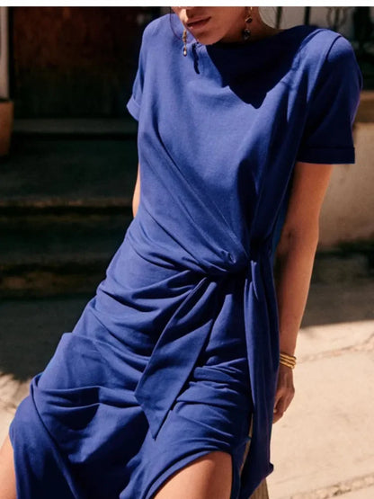 Vestido Midi Elegante – Amarração na Cintura & Fenda