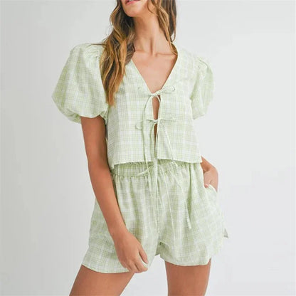 Conjunto Feminino 2 Peças Xadrez Y2K – Top Amarrado & Shorts Cintura Elástica