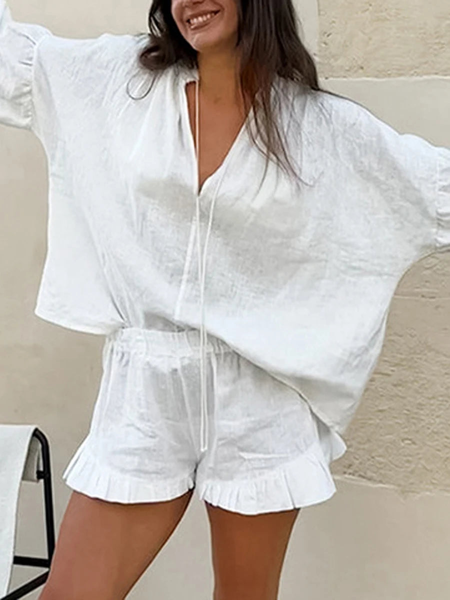 Conjunto Feminino Casual Slim – Blusa Manga Longa & Shorts Cintura Elástica
