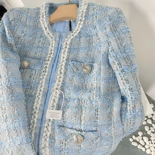 Blazer automne 2023 pour femme, taille S, en tweed tissé parfumé, élégant et court, matelassé, à carreaux, style cardigan, idéal pour le bureau.