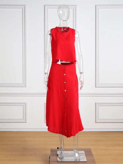 Conjunto Feminino Verão 2023 – Colete Sem Mangas + Saia de Linho/Cotton