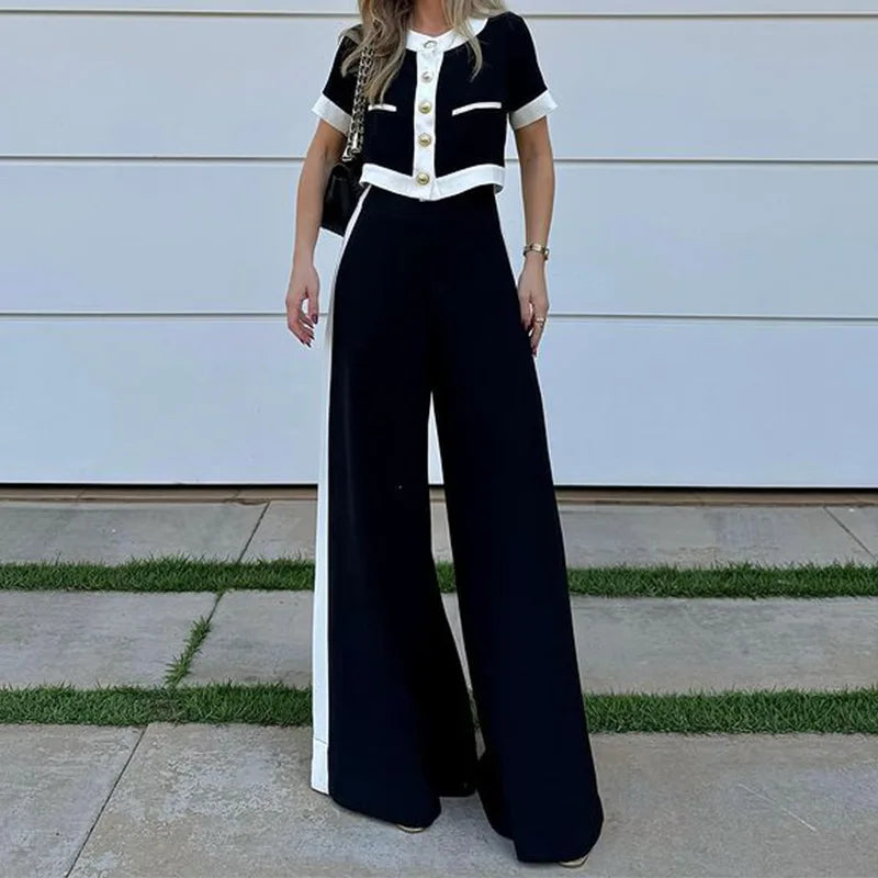 Women's Color Block Set – Short-Sleeve Blouse & Straight Leg Pants