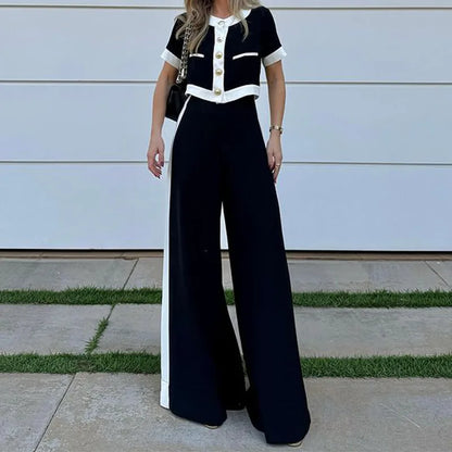 Women's Color Block Set – Short-Sleeve Blouse & Straight Leg Pants