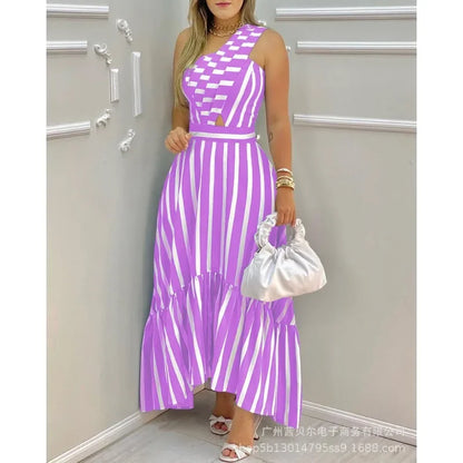 Vestido Listras & Recortes – Elegância Leve para Primavera e Verão