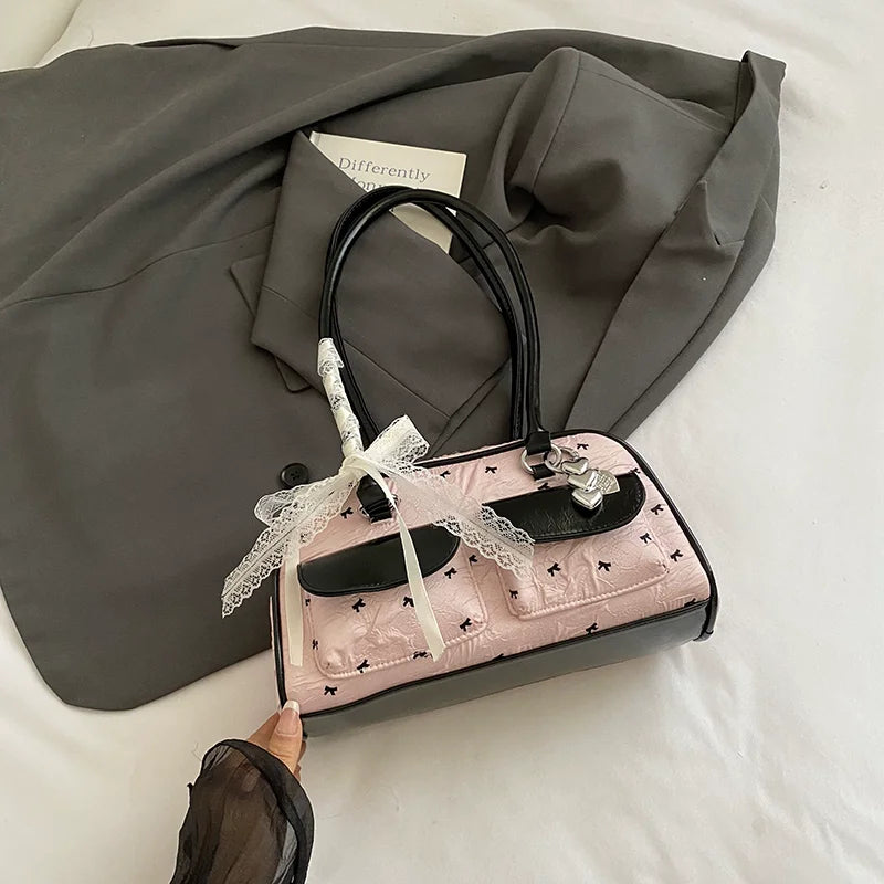Bolsa Feminina Bow 2025 – Tote “Boston” com Laço & Bolsos, Versátil Ombro/Under-Arm