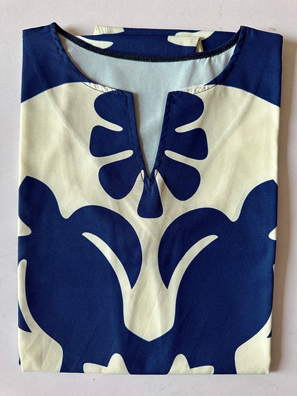 Vestido Midi Estampado com Decote V e Saia Fluida
