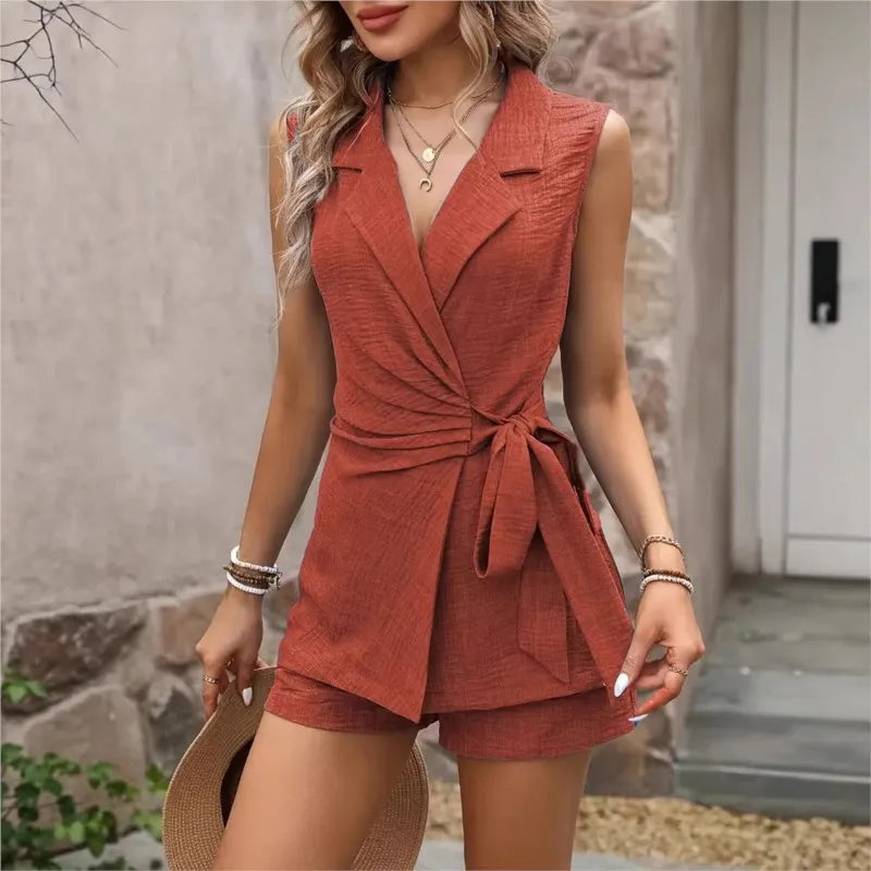 Elegant Women's Set – Lapel Vest & Wide-Leg Pants