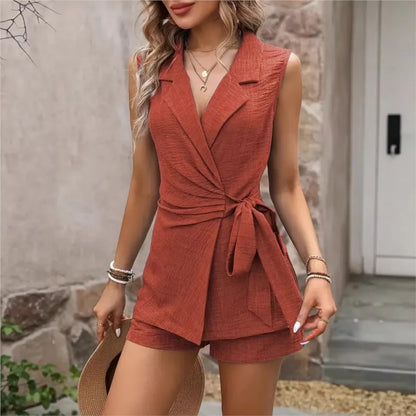 Elegant Women's Set – Lapel Vest & Wide-Leg Pants