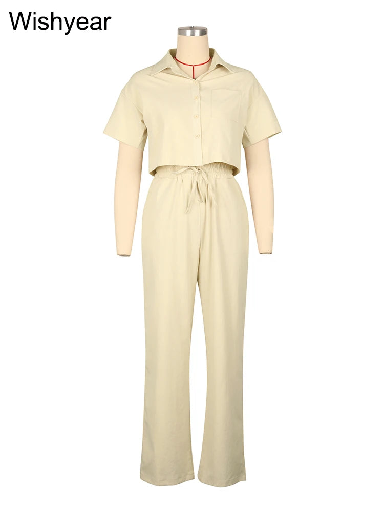 Conjunto Feminino 2 Peças Lã/ Linho – Camisa Manga Curta + Calça Wide Leg Estilo Esporte Casual