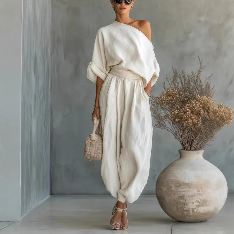 Conjunto Resort Luxe – Ombro Assimétrico & Calça Wide Leg