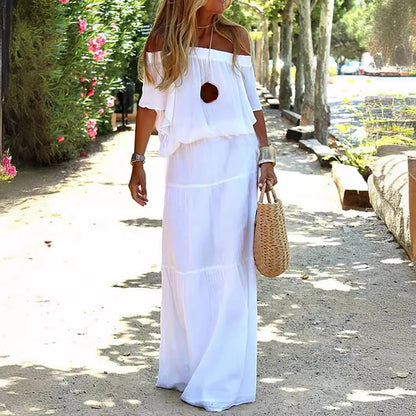 Vestido Branco Boho Elegante – Maxi Decote V com Ajuste Lace-Up