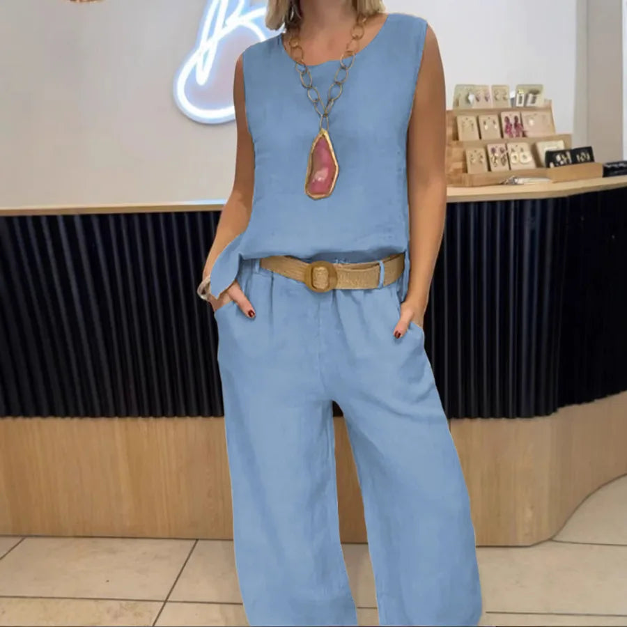 Conjunto Cotton-Linen Chic – Top & Calça 2-Peças