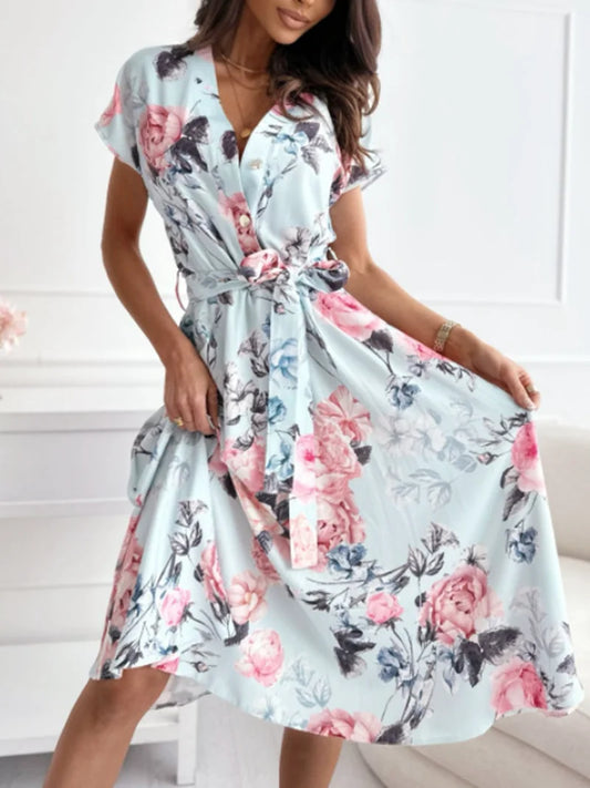 Printed Midi Dress with V-Neck and Belt
