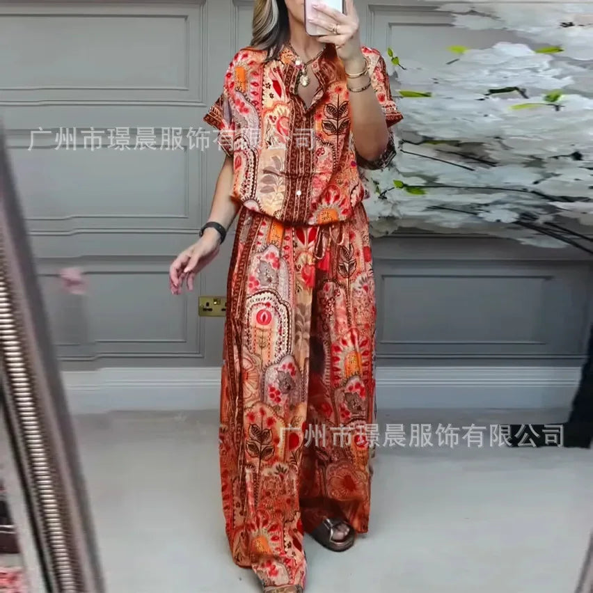 Conjunto Verão 2025 Feminino – Top Estampado Manga Curta + Calça Wide-Leg