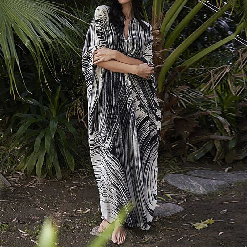 Vestido Feminino Verão 2025 – Maxi Estampado Listras / Print Irregular para Dia de Sol