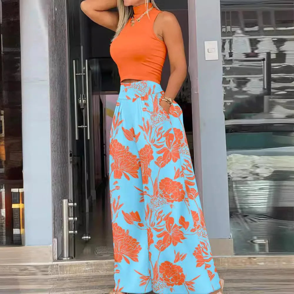 Conjunto Feminino 2 Peças 2025 – Top Sem Mangas + Calça Wide Leg Estampada