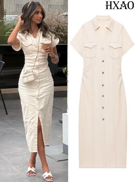 Vestido Midi Jeans Off-White – Botões Frontais & Elegância Casual
