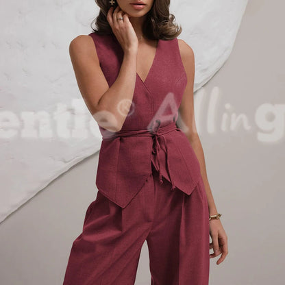 Conjunto Feminino Linho Sólido – Colete + Calça Wide-Leg