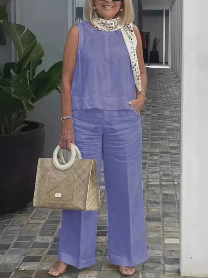 Conjunto Feminino Linho Sólido – Blusa Regata + Calça Wide-Leg