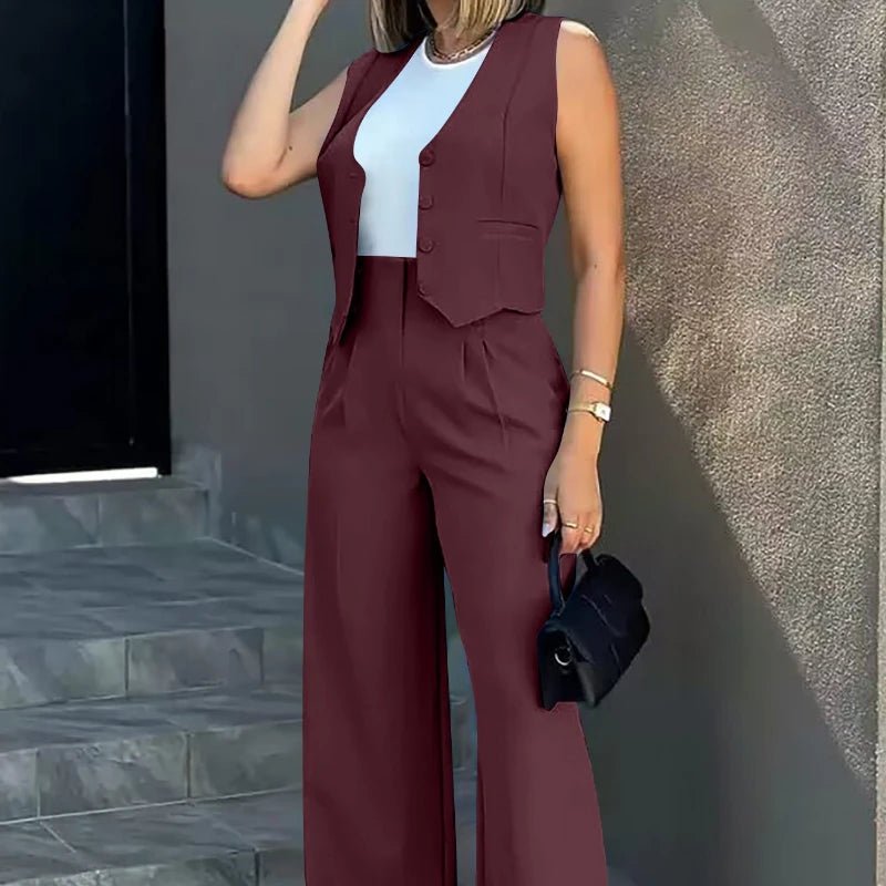 Conjunto Feminino 2 Peças – Colete & Calça Wide Leg
