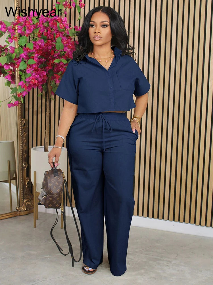 Conjunto Feminino 2 Peças Lã/ Linho – Camisa Manga Curta + Calça Wide Leg Estilo Esporte Casual