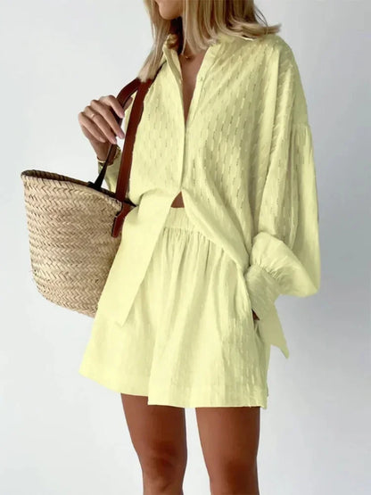 Conjunto Feminino 2 Peças Casual Solto – Camisa Manga Longa + Shorts Streetwear