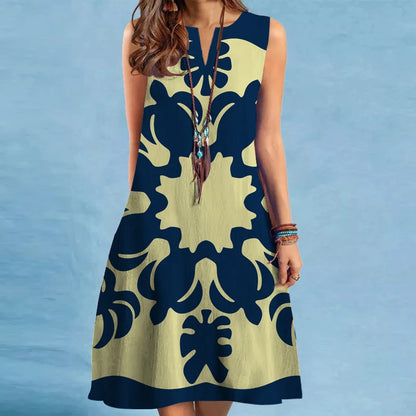 Vestido Midi Estampado com Decote V e Saia Fluida