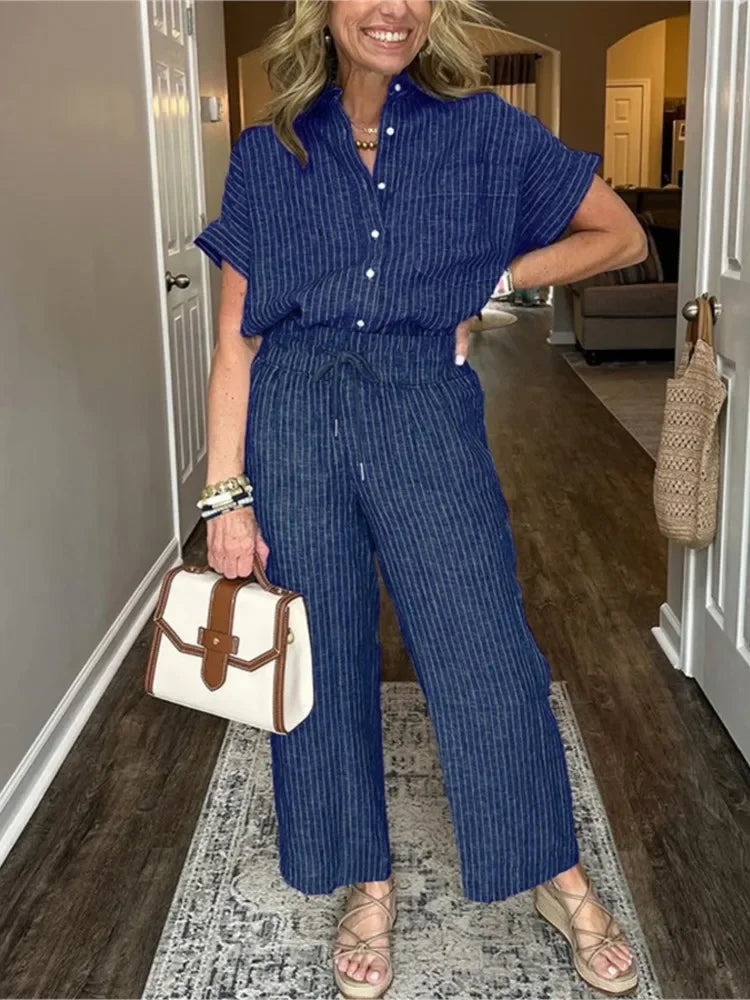 Conjunto Feminino Listrado – Camisa Manga Curta + Calça Solta