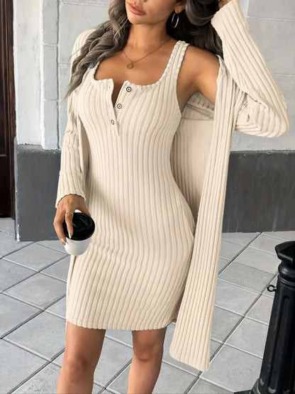 Conjunto Feminino 2 Peças – Cardigan Manga Longa & Vestido Tubinho