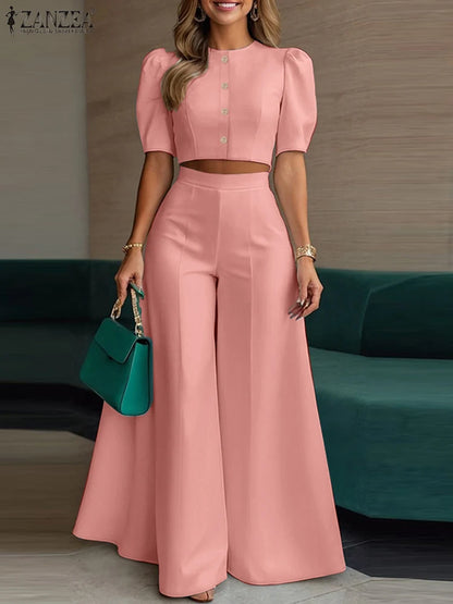 ZANZEA Women's Set – Crop Top & Wide Leg Pants