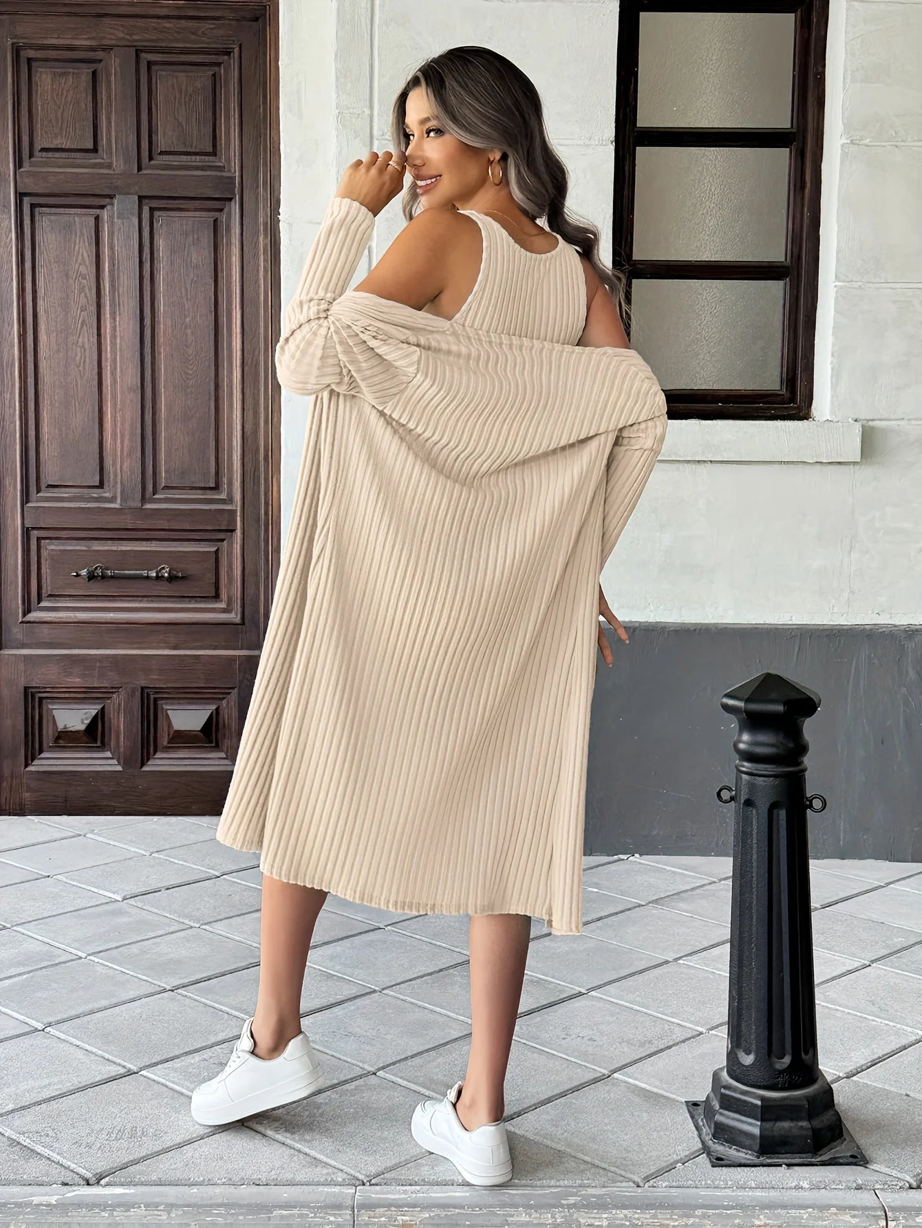 Conjunto Feminino 2 Peças – Cardigan Manga Longa & Vestido Tubinho