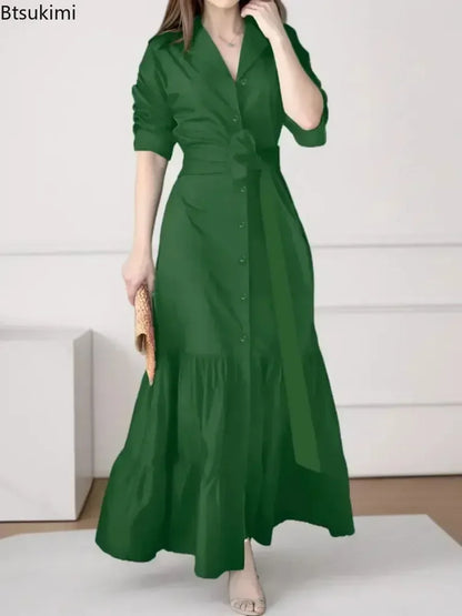 Vestido Feminino Manga Longa – Decote V e Cadarço na Cintura